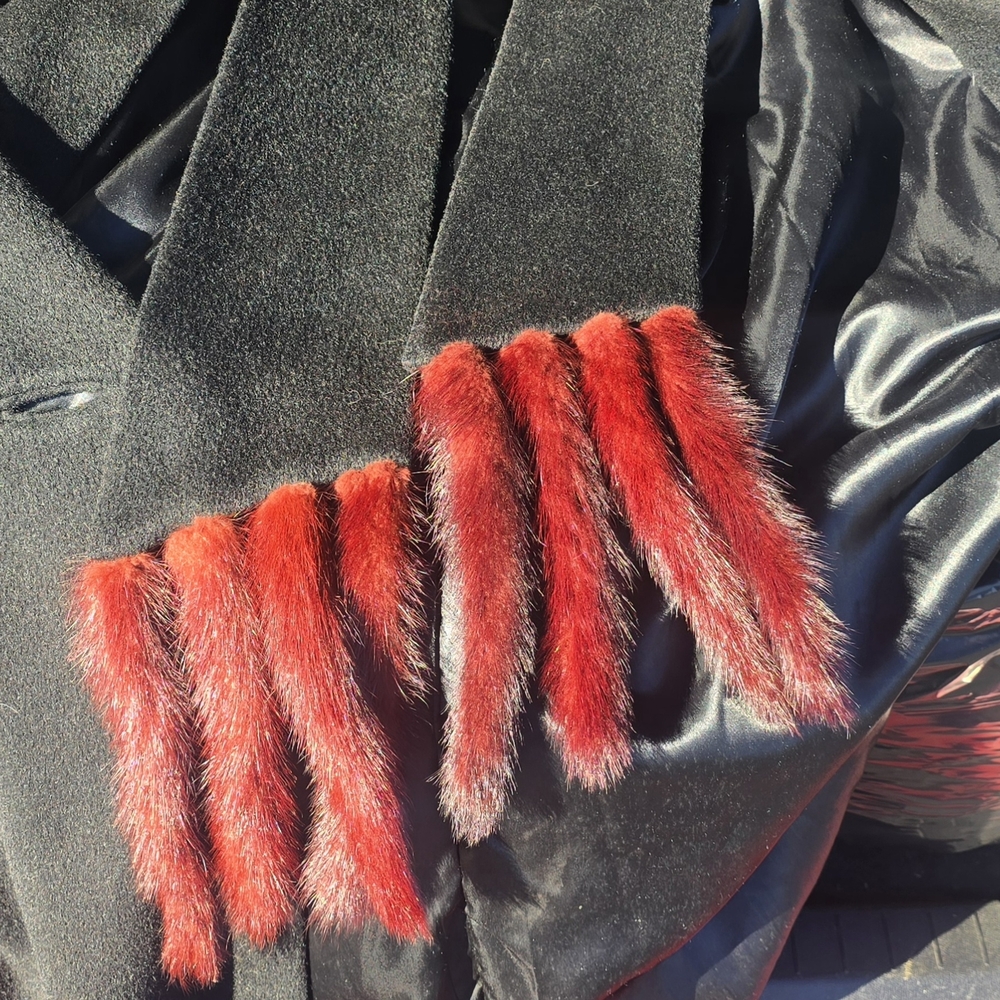 VTG ILGWU Elegant Black Trench Coat Wool Red Fur Accents On Scarf